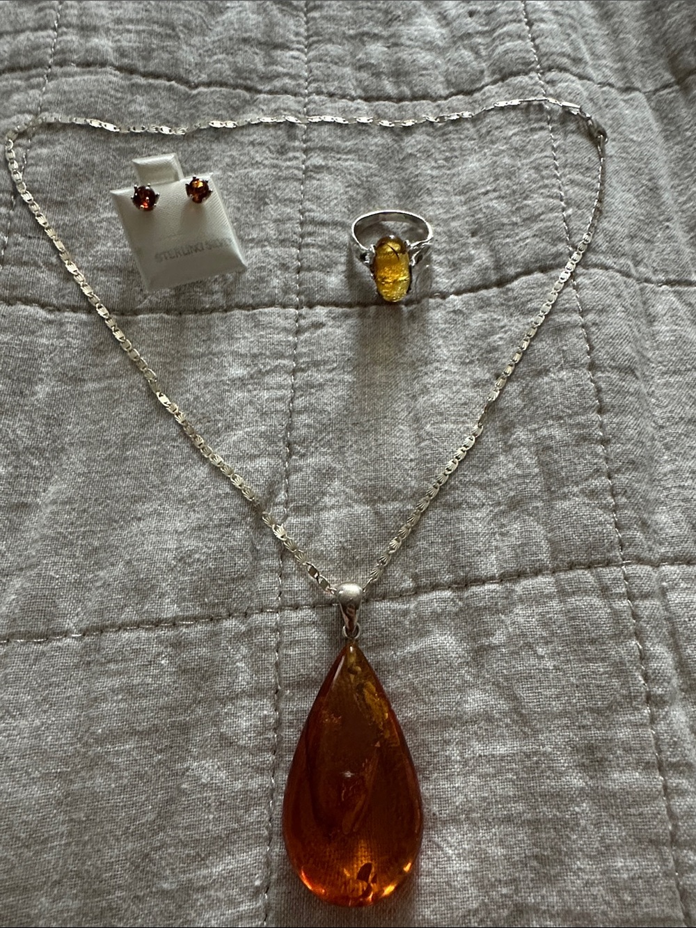 Sterling Silver Amber Teardrop Pendant Necklace and Earrings Set